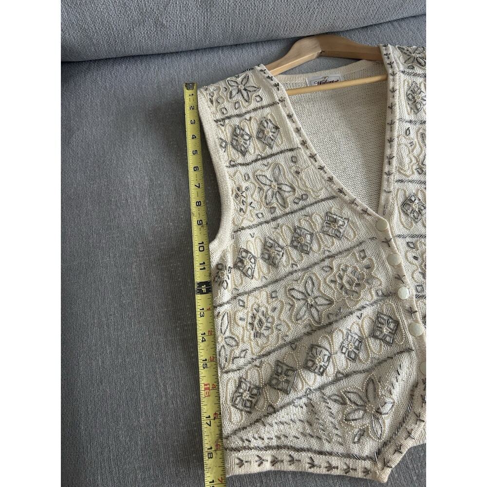 Vtg Cream Sweater Vest Beads Embroidered Flowers Grandma M/L - Picture 11 of 11